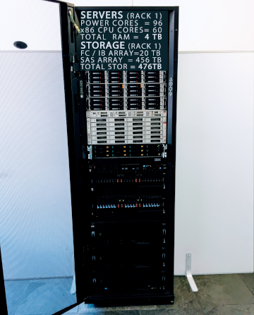 Rack com storages e servidores em data center de Hosco