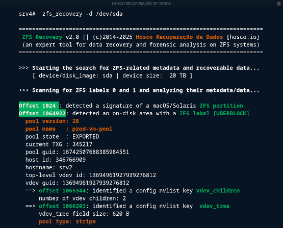 Software ZFS Recovery, desenvolvido pela Hosco
